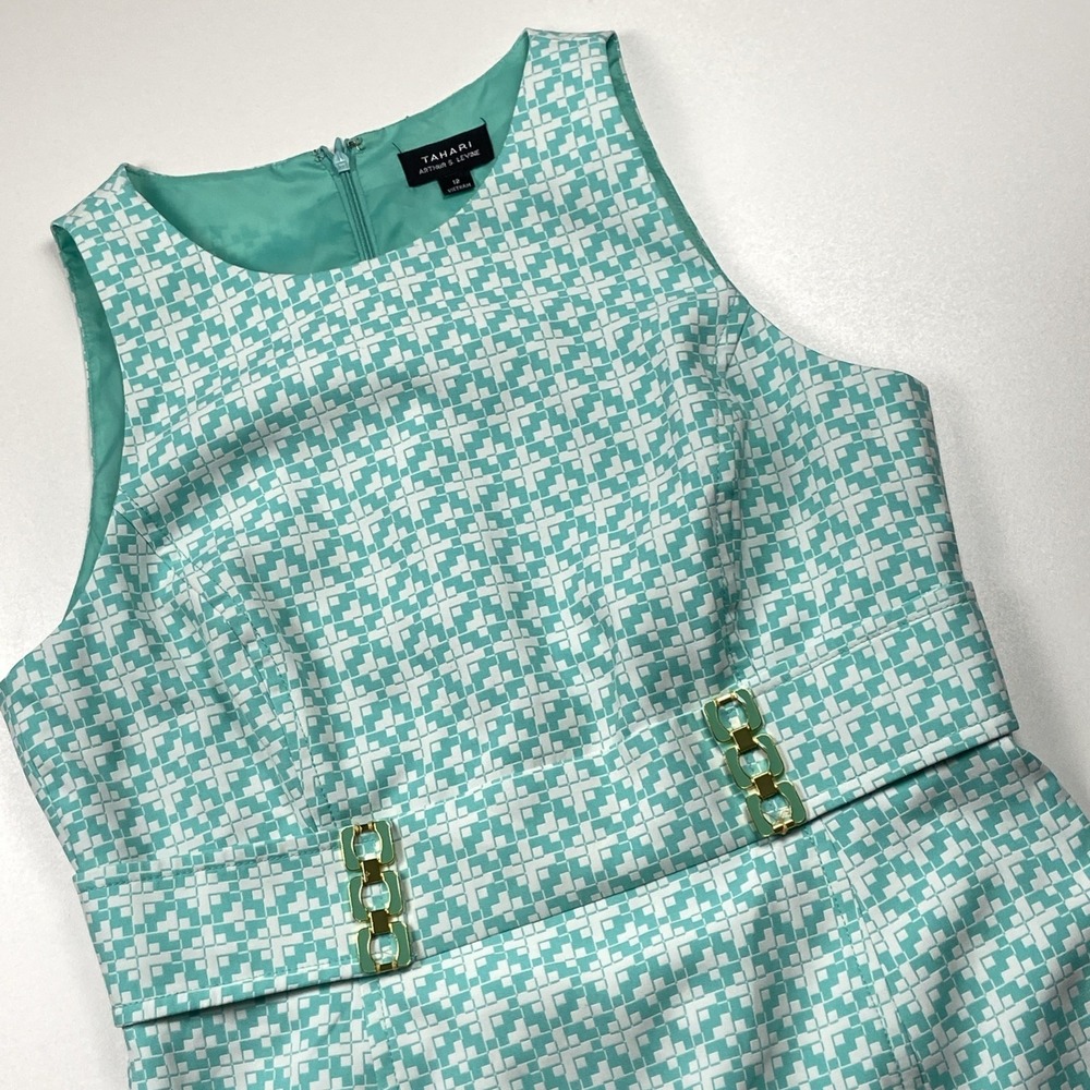 Tahari Arthur S. Levine Sleeveless Sheath Dress Size 12 Teal White‎ Geometric